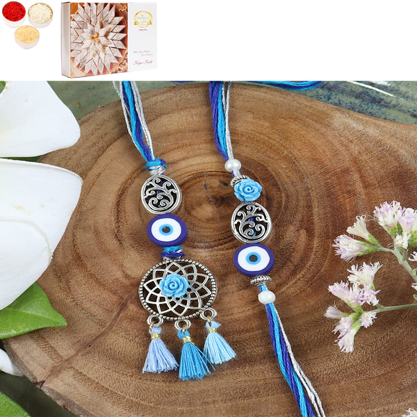 Rakhis Online Australia-LS24-065-Oxidized Evil eye Bhaiya Bhabhi Rakhi with 200 gms of Kaju katli