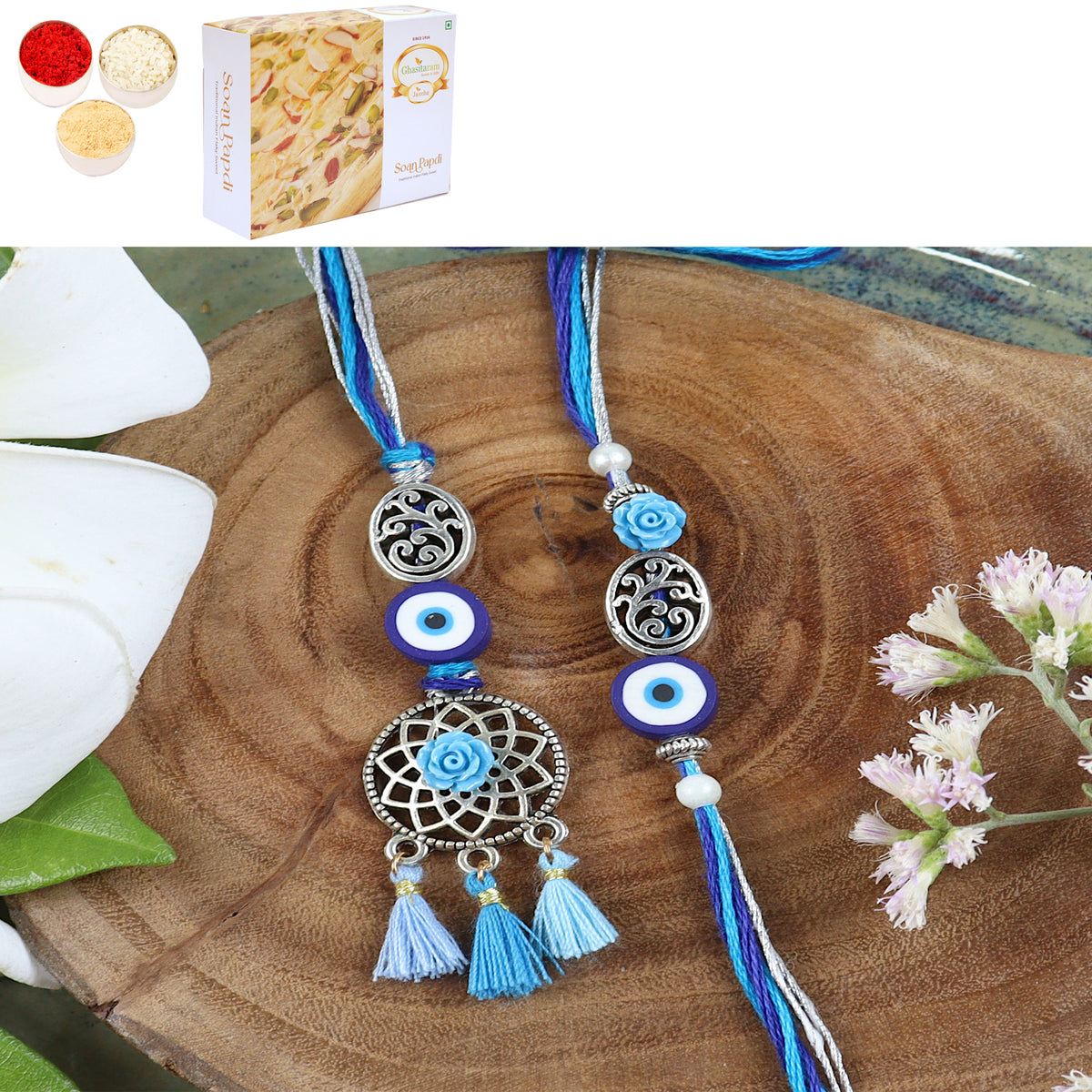 LS24-065-Oxidized Evil eye Bhaiya Bhabhi Rakhi with 400 gms of Soan Papdi