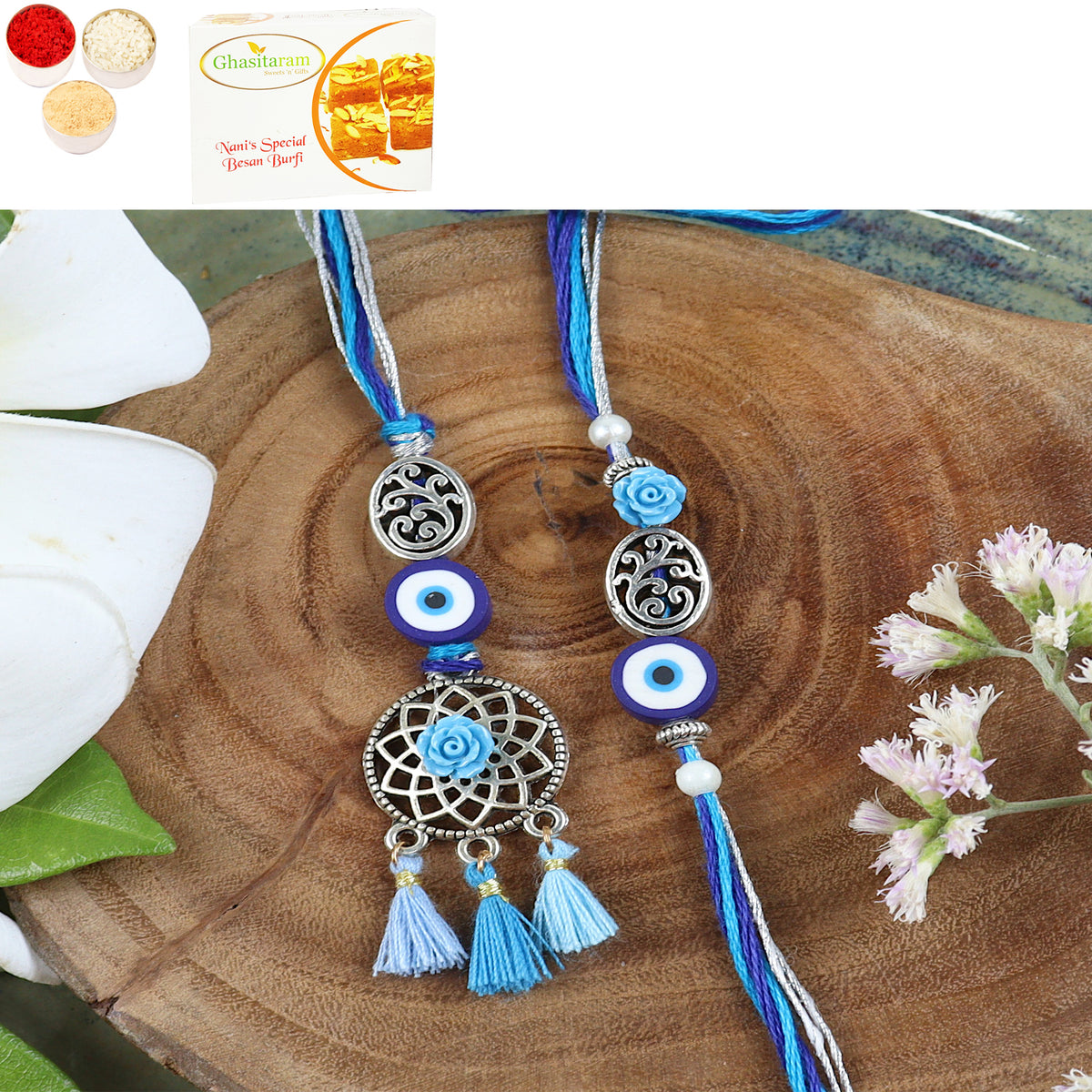 Rakhis Online Australia-LS24-065-Oxidized Evil eye Bhaiya Bhabhi Rakhi with 200 gms of Besan Barfi