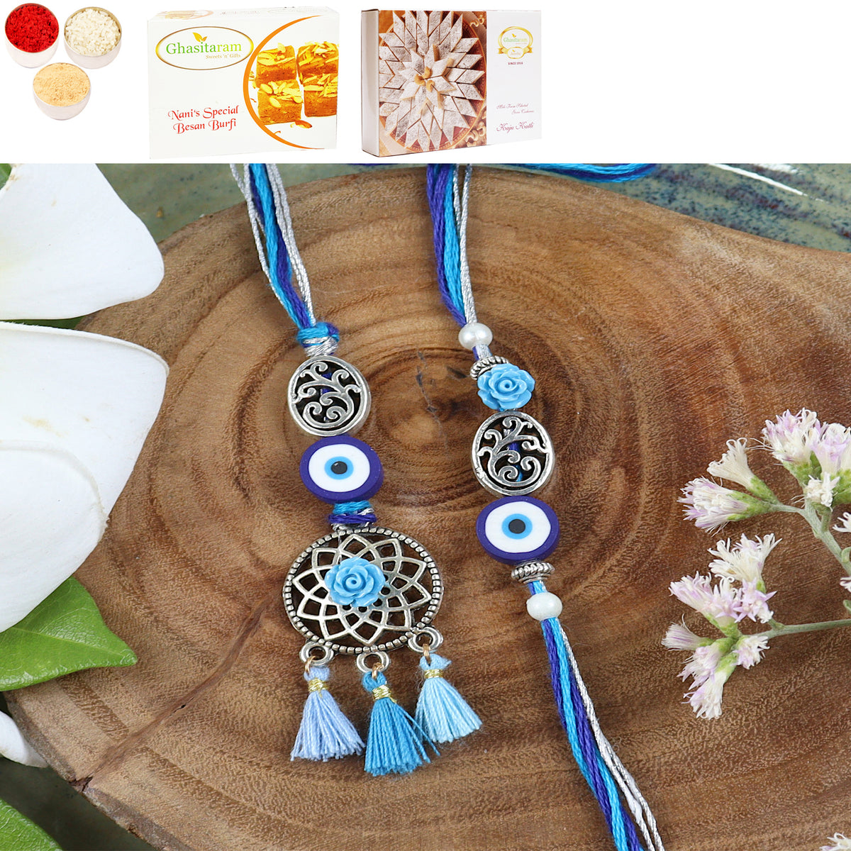 LS24-065-Oxidized Evil eye Bhaiya Bhabhi Rakhi with 200 gms of Besan Barfi and 200 gms of Kaju Katli