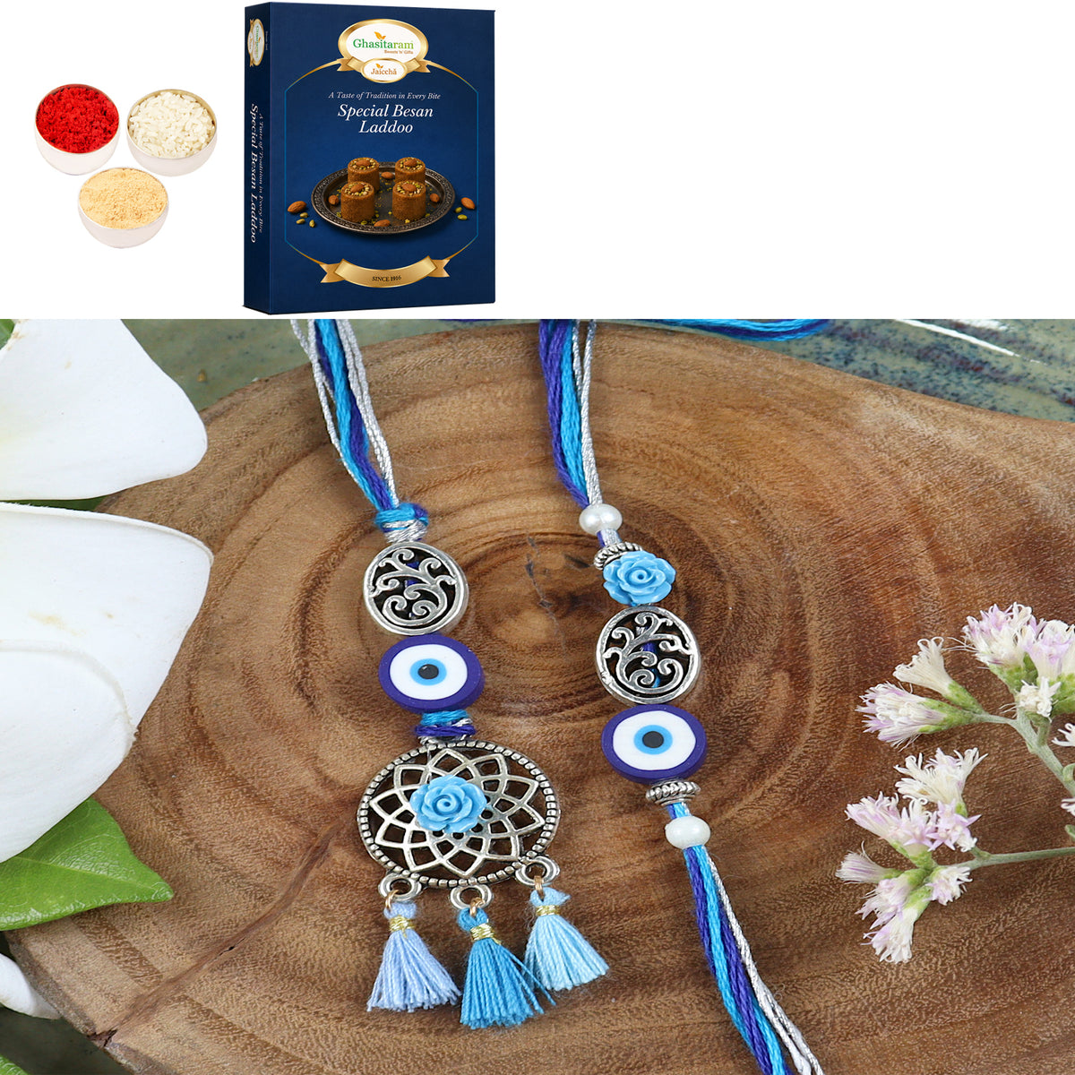 LS24-065-Oxidized Evil eye Bhaiya Bhabhi Rakhi with 200 gms of Besan Laddoo