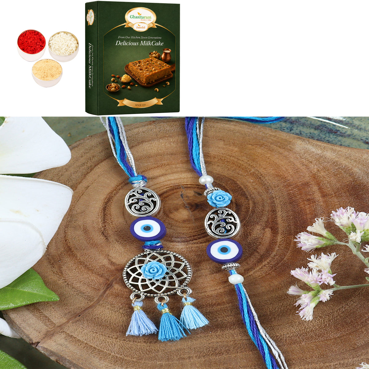 LS24-065-Oxidized Evil eye Bhaiya Bhabhi Rakhi with 200 gms of Milk Cake
