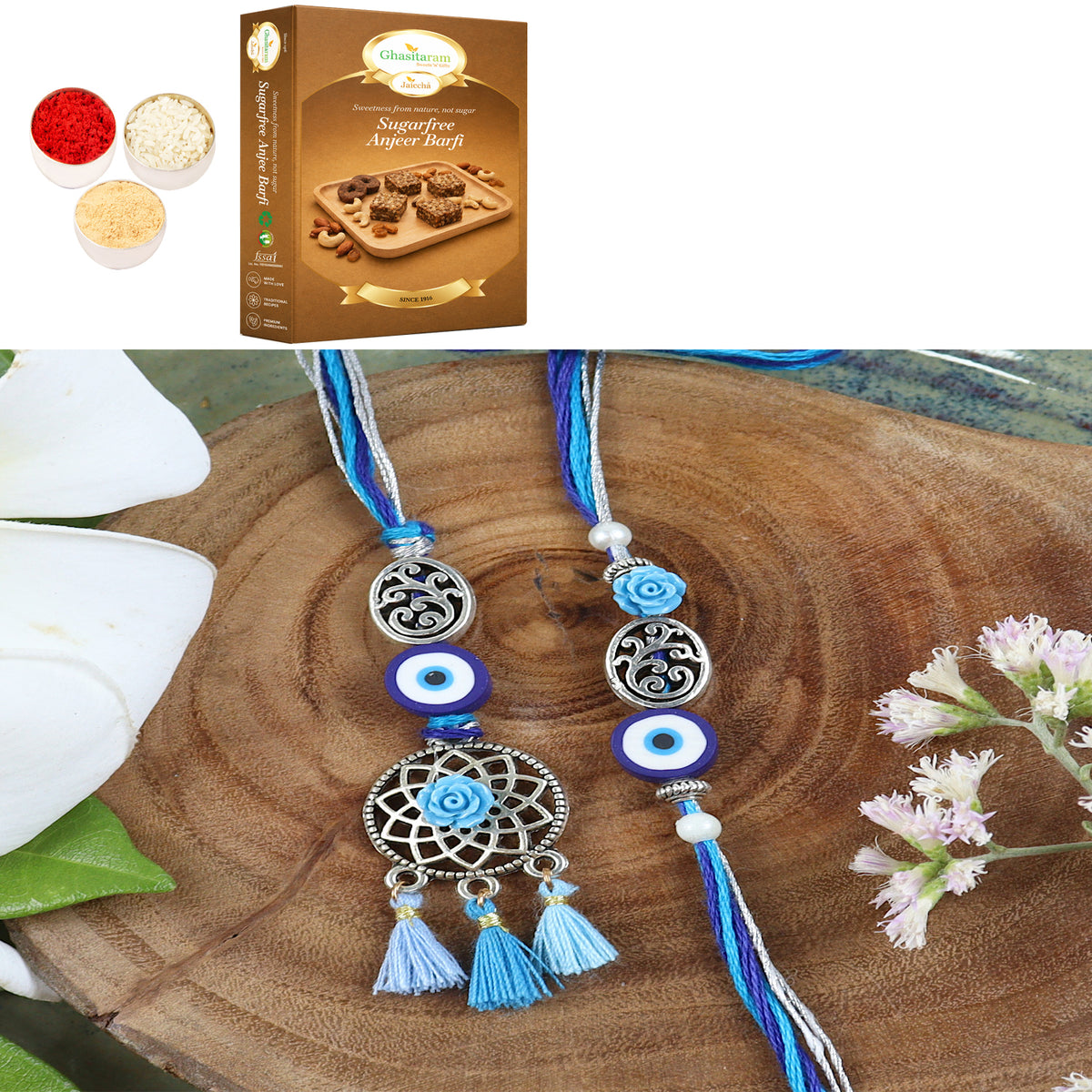 LS24-065-Oxidized Evil eye Bhaiya Bhabhi Rakhi with 200 gms of Sugarfree Anjeer Barfi
