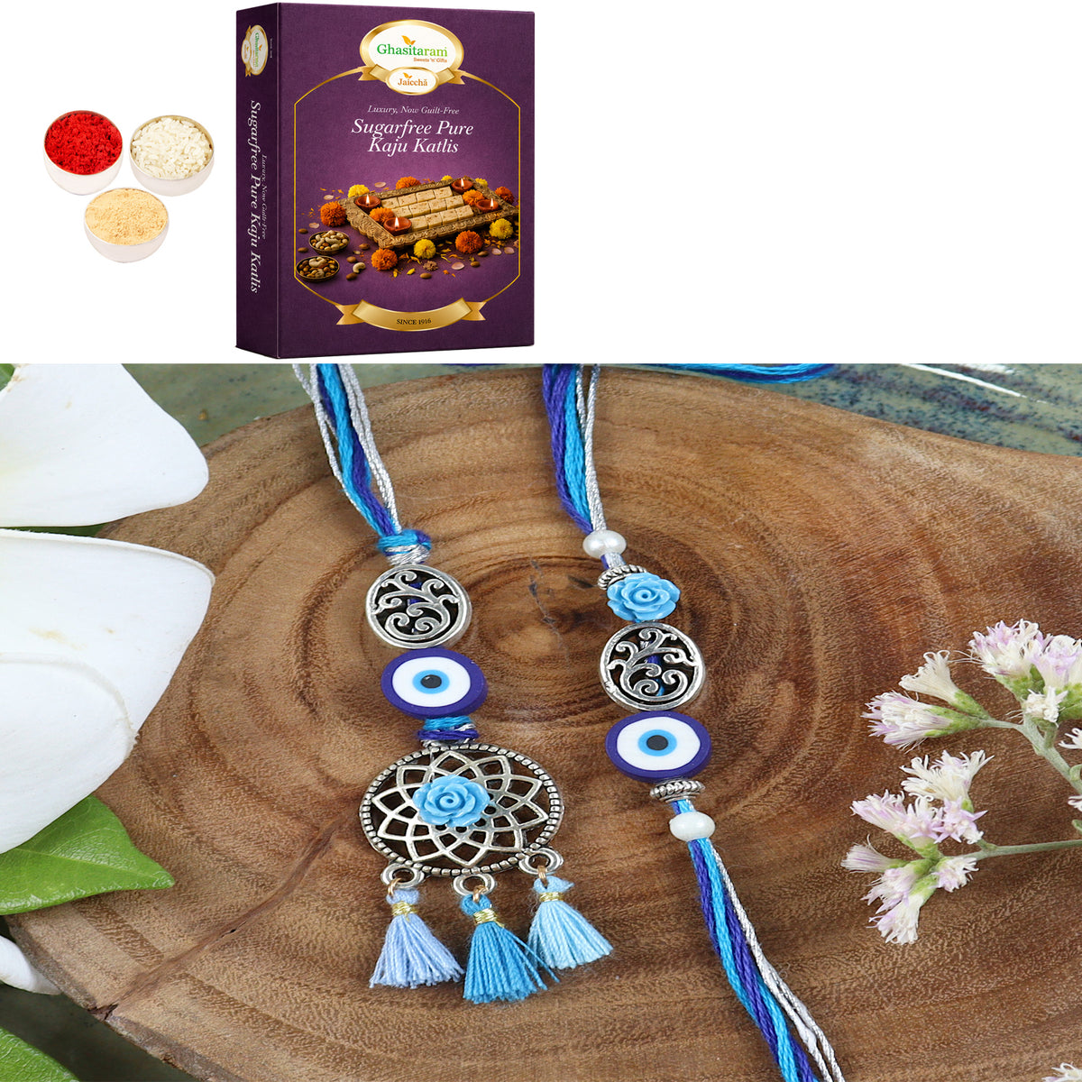 LS24-065-Oxidized Evil eye Bhaiya Bhabhi Rakhi with 200 gms of Sugarfree Kaju katli