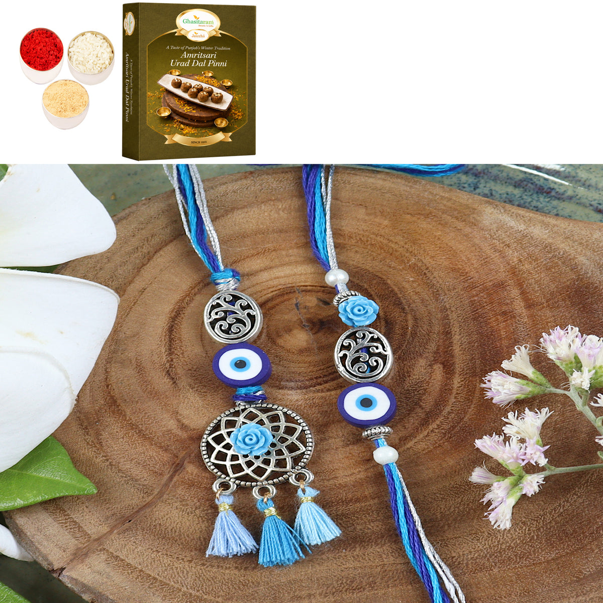 LS24-065-Oxidized Evil eye Bhaiya Bhabhi Rakhi with 200 gms of Pinni 