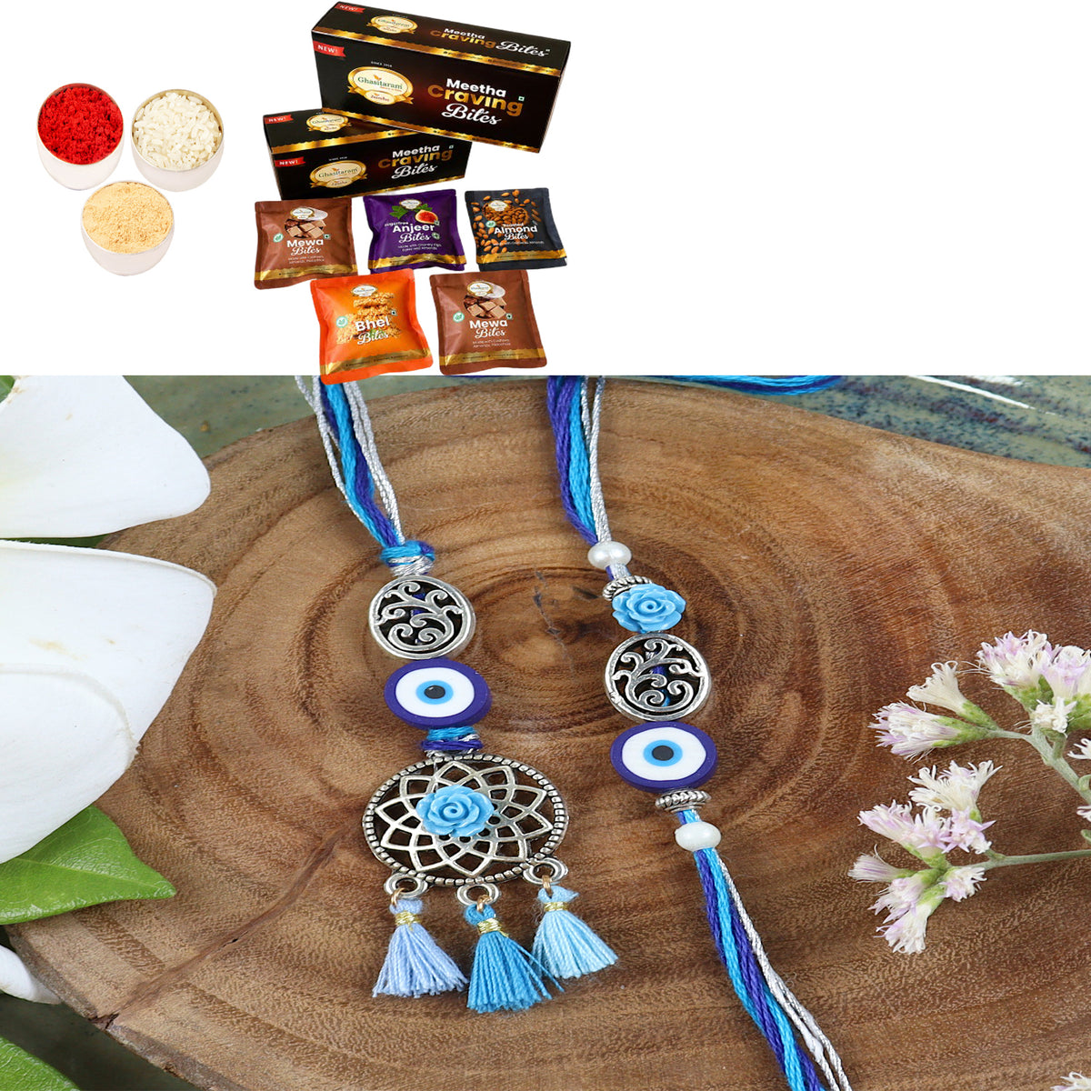 LS24-065-Oxidized Evil eye Bhaiya Bhabhi Rakhi with Asorted bites box