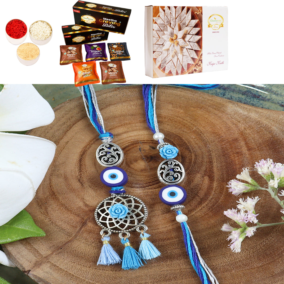 LS24-065-Oxidized Evil eye Bhaiya Bhabhi Rakhi with Asorted bites box and 200 gms of Kaju katli