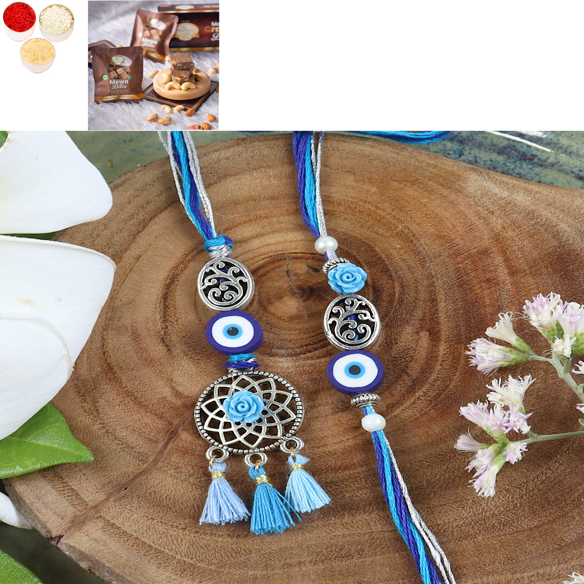 Rakhis Online USA-LS24-065-Oxidized Evil eye Bhaiya Bhabhi Rakhi with Mewa Bite Box