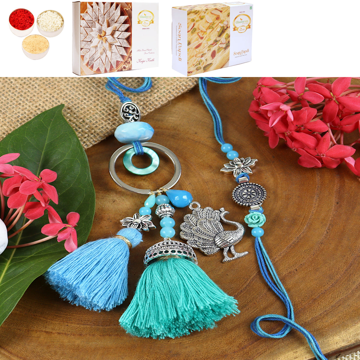 LS24-088- Oxidized Peacock Bhaiya Bhabhi Rakhi with 200 gms of Kaju katli and 200 gms of Soan Papdi