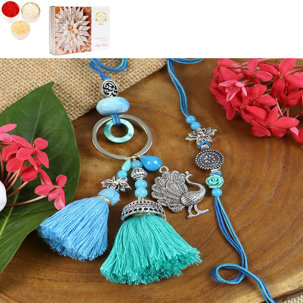 Rakhis Online Australia-LS24-088- Oxidized Peacock Bhaiya Bhabhi Rakhi with 200 gms of Kaju katli