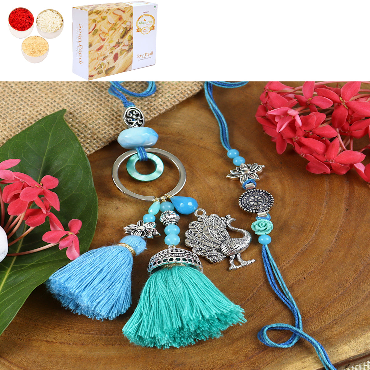 Rakhis Online Australia-LS24-088- Oxidized Peacock Bhaiya Bhabhi Rakhi with 200 gms of Soan Papdi