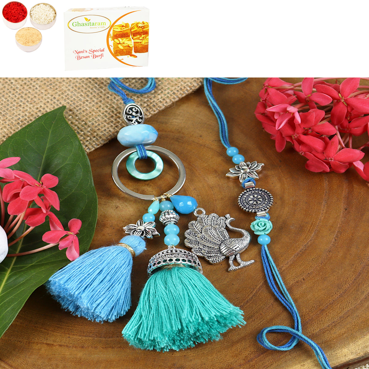 Rakhis Online Australia-LS24-088- Oxidized Peacock Bhaiya Bhabhi Rakhi with 200 gms of Besan Barfi