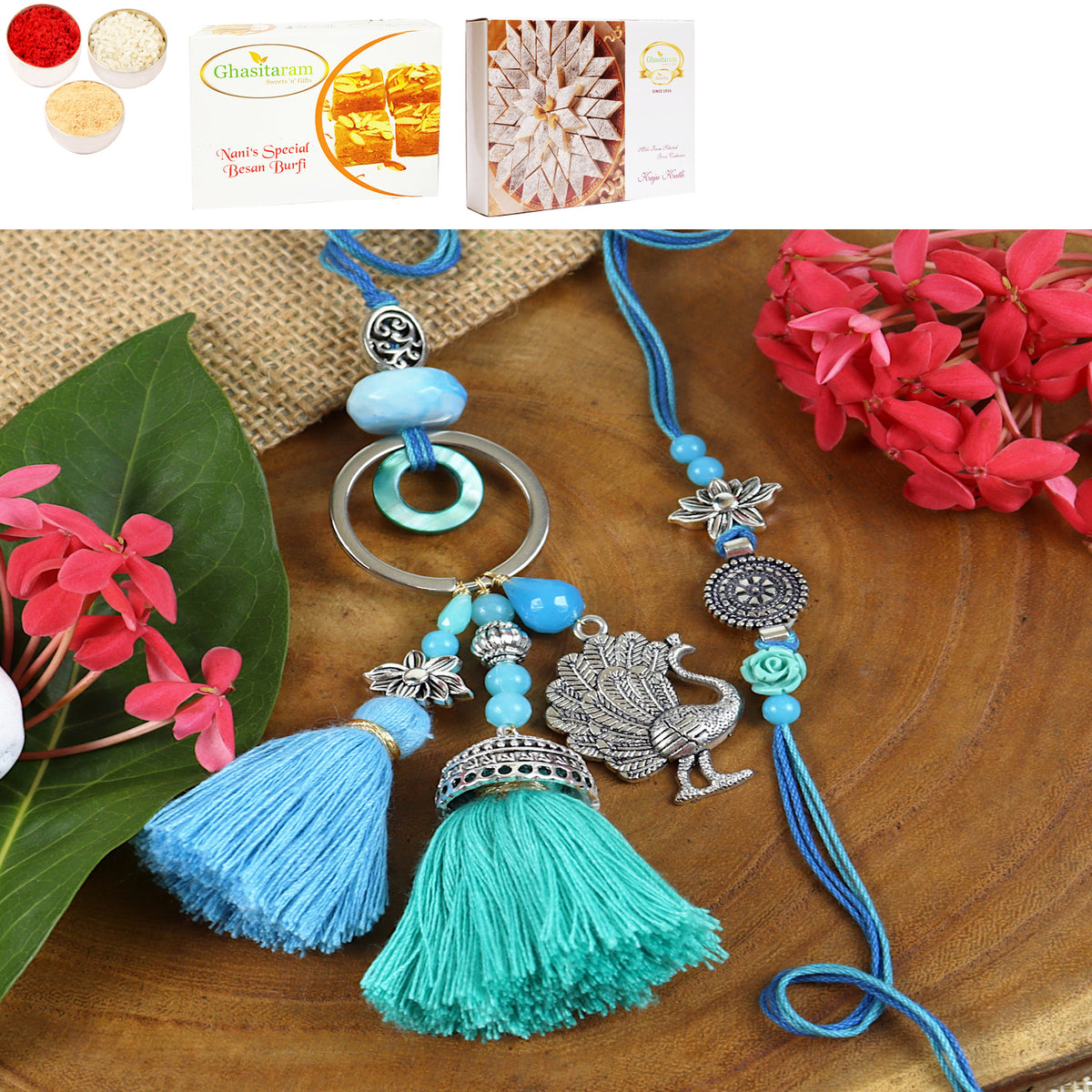 LS24-088- Oxidized Peacock Bhaiya Bhabhi Rakhi with 200 gms of Besan Barfi and 200 gms of Kaju Katli