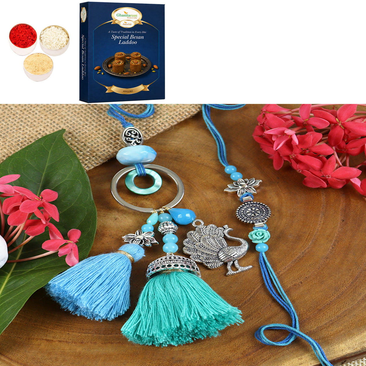 LS24-088- Oxidized Peacock Bhaiya Bhabhi Rakhi with 200 gms of Besan Laddoo
