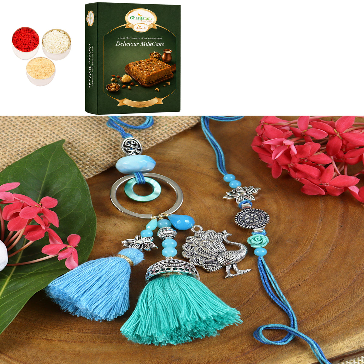 LS24-088- Oxidized Peacock Bhaiya Bhabhi Rakhi with 200 gms of Milk Cake