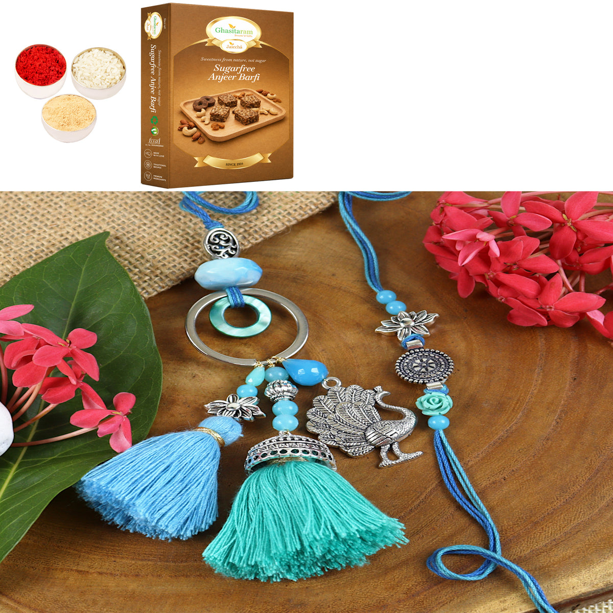 LS24-088- Oxidized Peacock Bhaiya Bhabhi Rakhi with 200 gms of Sugarfree Anjeer Barfi