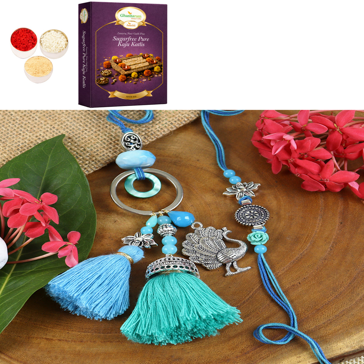 LS24-088- Oxidized Peacock Bhaiya Bhabhi Rakhi with 200 gms of Sugarfree Kaju katli
