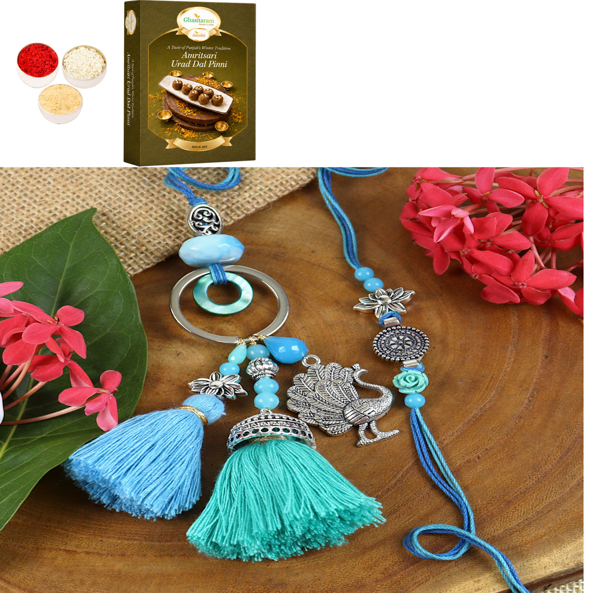LS24-088- Oxidized Peacock Bhaiya Bhabhi Rakhi with 200 gms of Pinni 