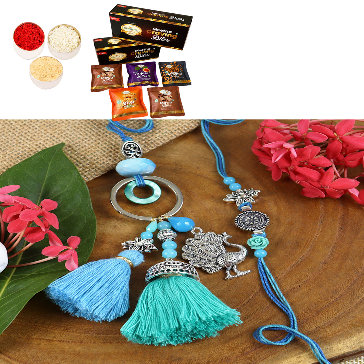 LS24-088- Oxidized Peacock Bhaiya Bhabhi Rakhi with Asorted bites box