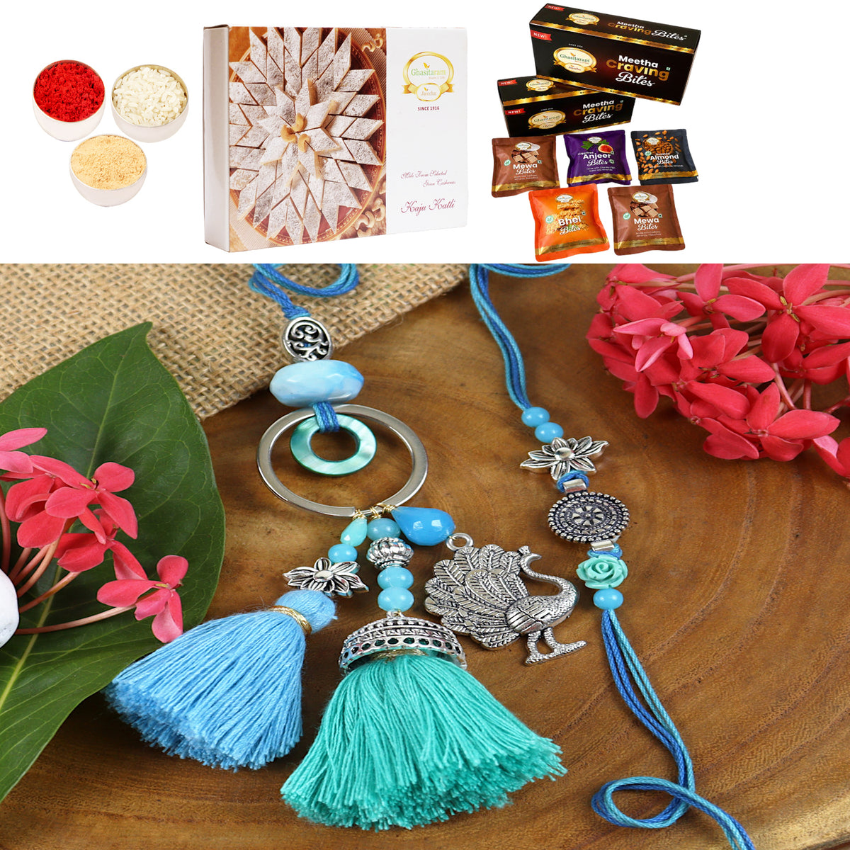LS24-088- Oxidized Peacock Bhaiya Bhabhi Rakhi with Asorted bites box and 200 gms of Kaju katli