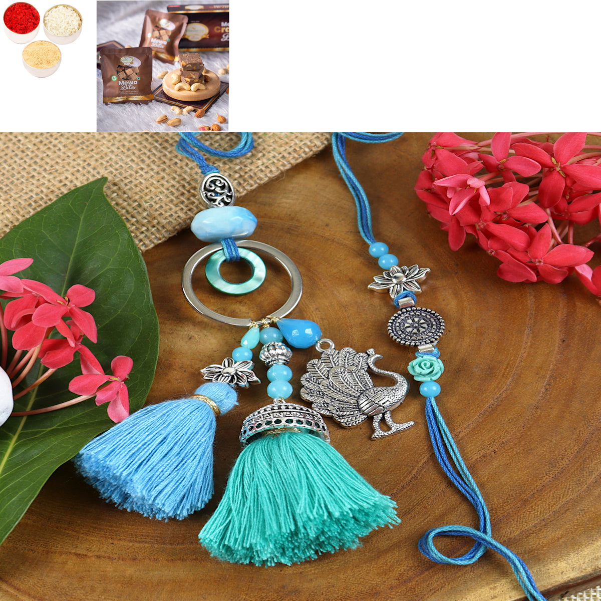 Rakhis Online UK- LS24-088- Oxidized Peacock Bhaiya Bhabhi Rakhi with Mewa Bite Box