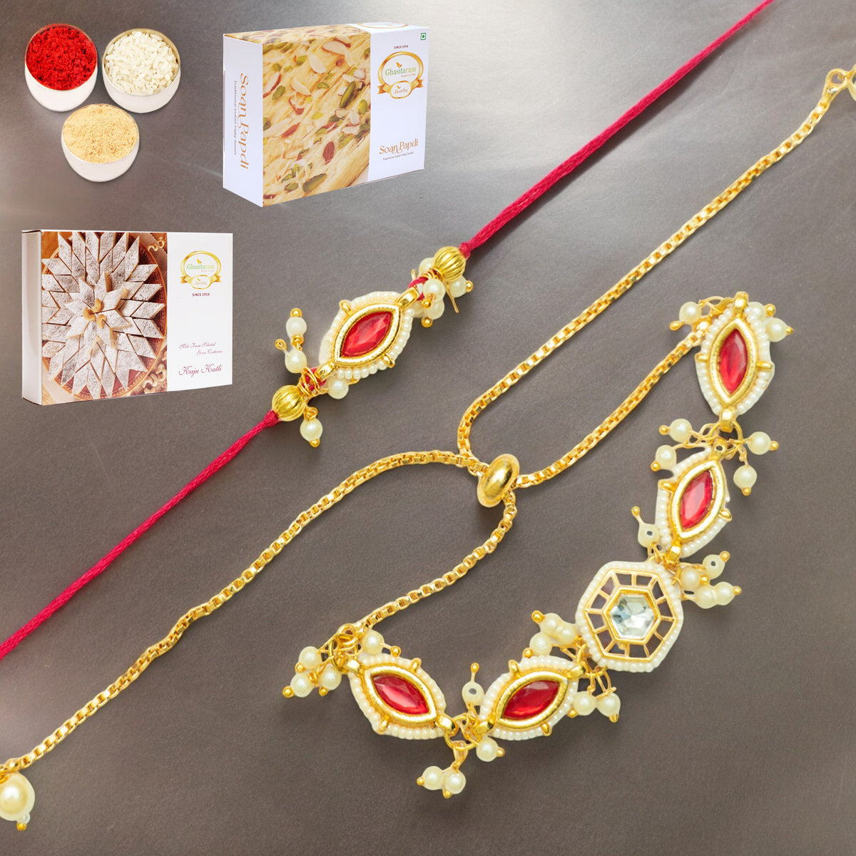 Rmj- 10012 Bhaiya Bhabhi Rakhis with 200 gms of Kaju katli and 200 gms of Soan Papdi