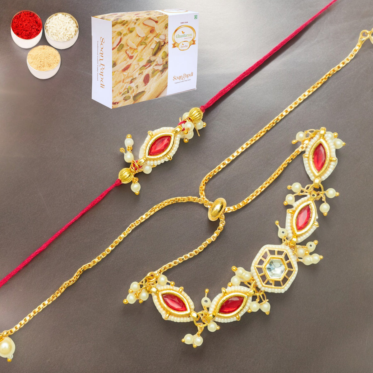 Rakhis Online Australia-Rmj- 10012 Bhaiya Bhabhi Rakhis with 200 gms of Soan Papdi