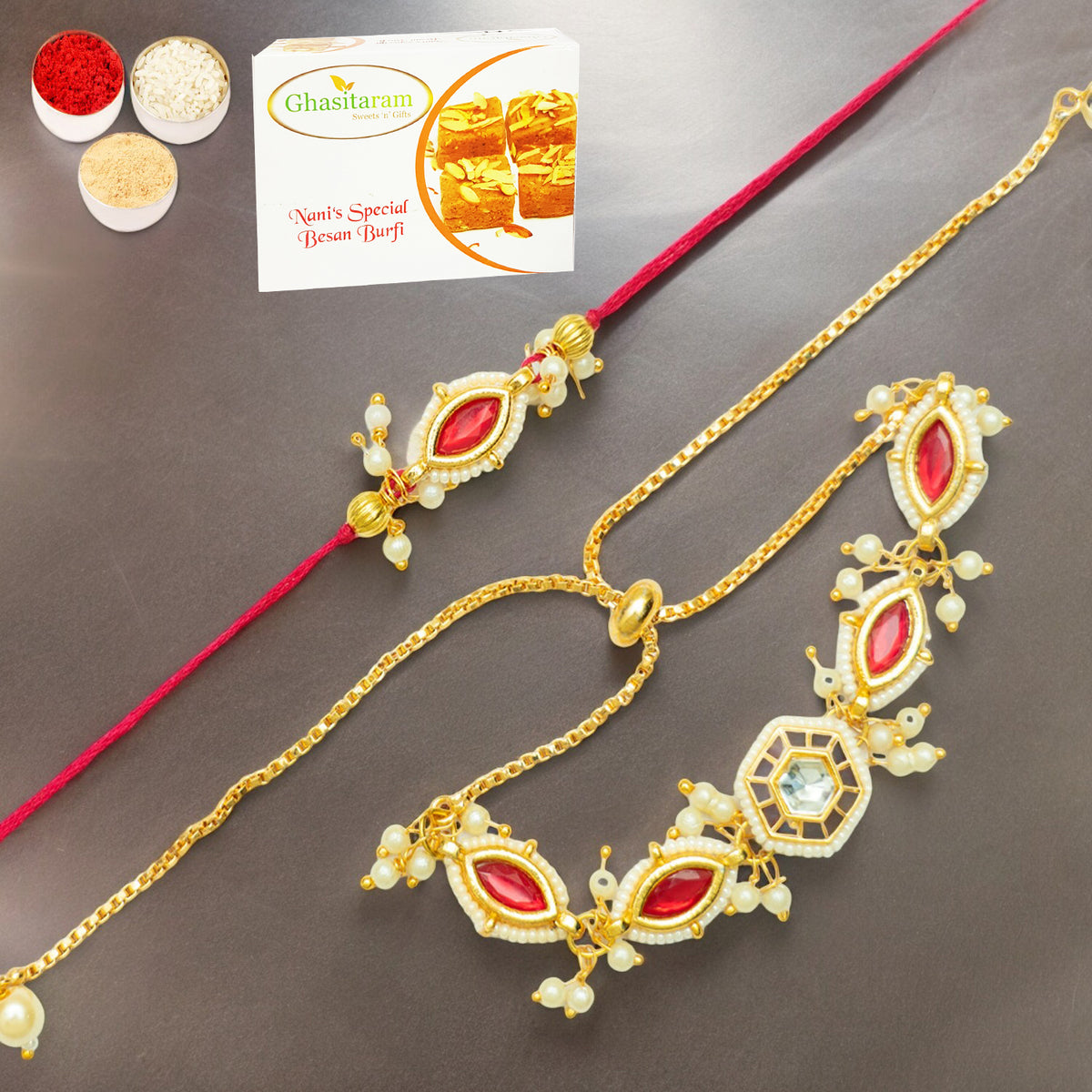Rakhis Online Australia-Rmj- 10012 Bhaiya Bhabhi Rakhis with 200 gms of Besan Barfi