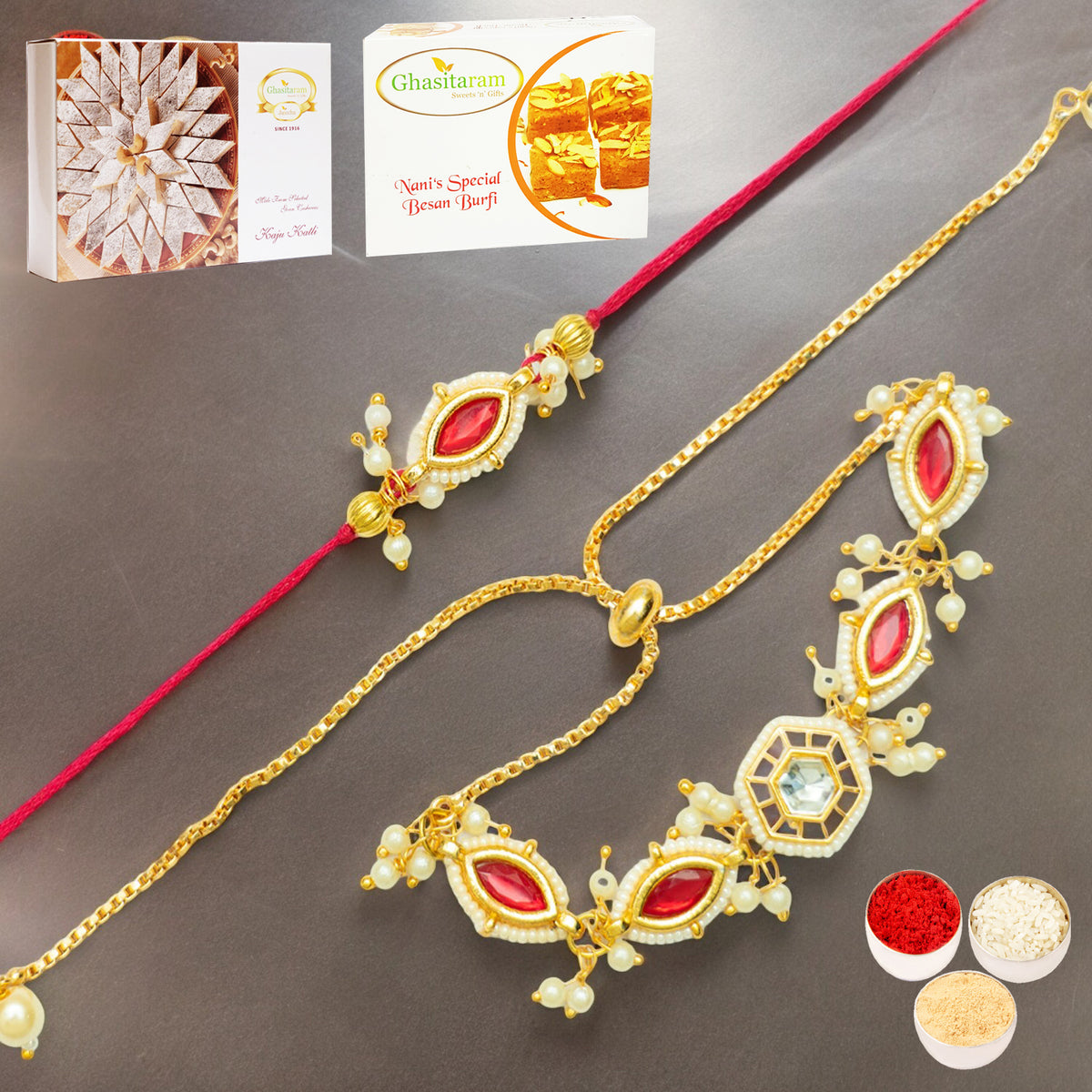 Rmj- 10012 Bhaiya Bhabhi Rakhis with 200 gms of Besan Barfi and 200 gms of Kaju Katli