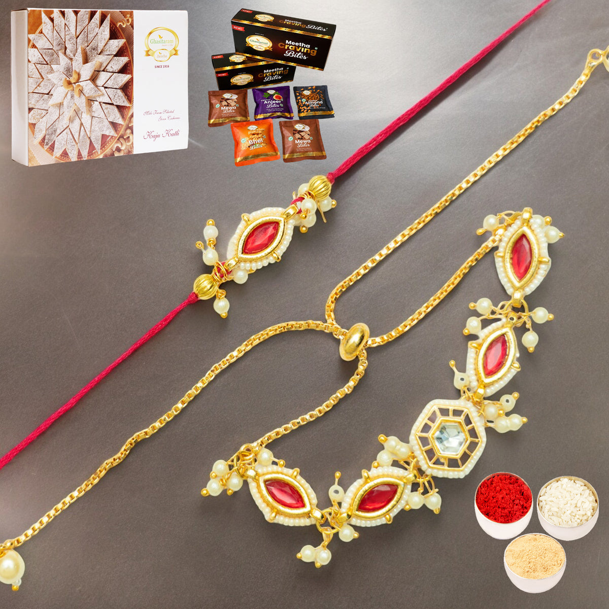 Rmj- 10012 Bhaiya Bhabhi Rakhis with Asorted bites box and 200 gms of Kaju katli