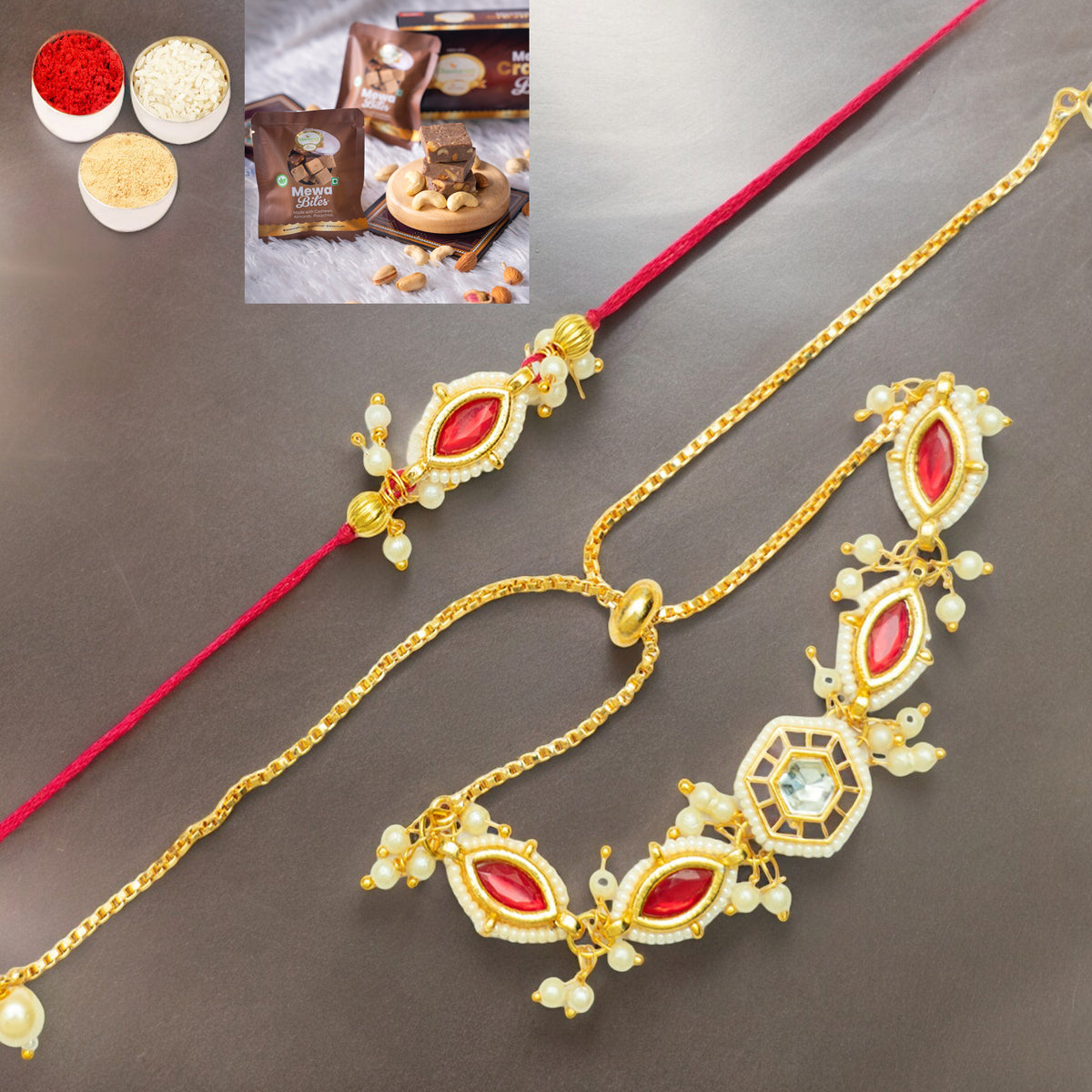 Rakhis Online UK- Rmj- 10012 Bhaiya Bhabhi Rakhis with Mewa Bite Box