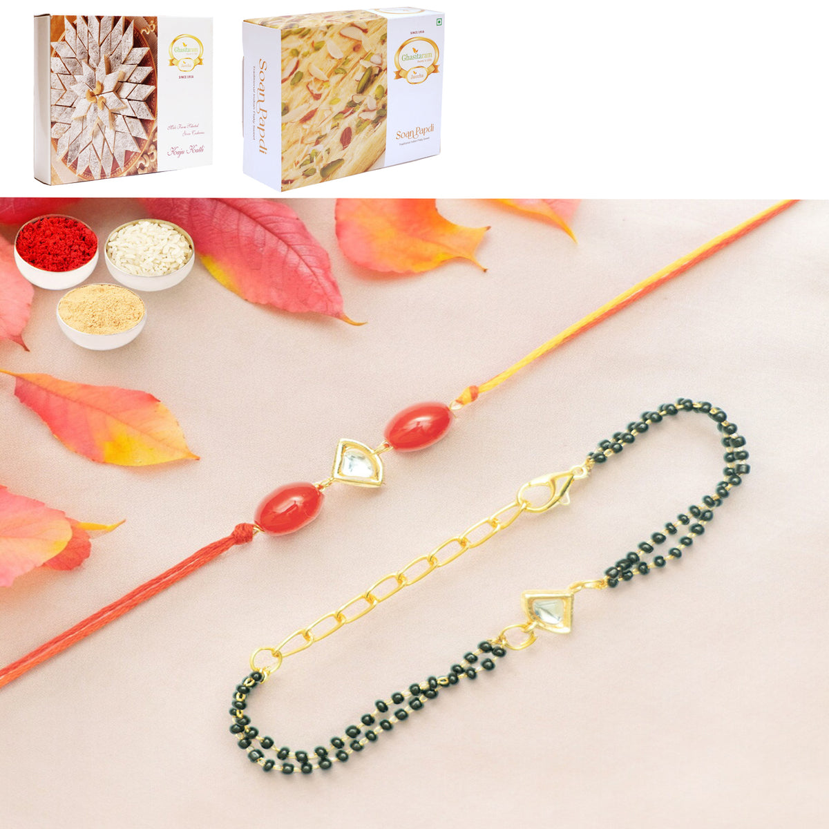 Rmj- 4512 Bhaiya Bhabhi Rakhis with 200 gms of Kaju katli and 200 gms of Soan Papdi