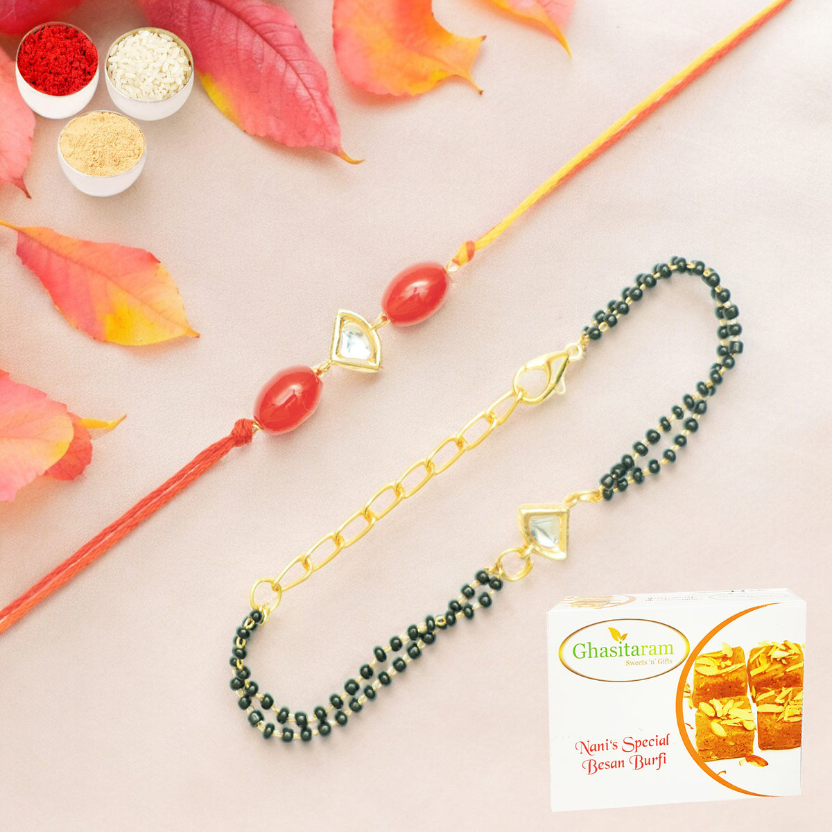 Rakhis Online UK- Rmj- 4512 Bhaiya Bhabhi Rakhis with 200 gms of Besan Barfi