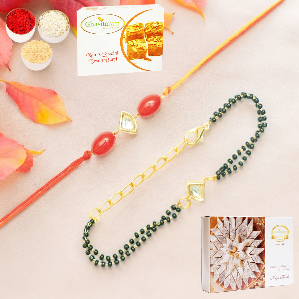 Rmj- 4512 Bhaiya Bhabhi Rakhis with 200 gms of Besan Barfi and 200 gms of Kaju Katli