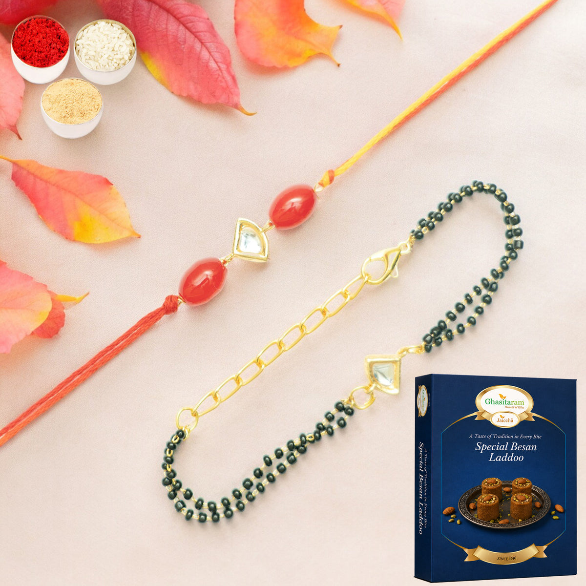 Rmj- 4512 Bhaiya Bhabhi Rakhis with 200 gms of Besan Laddoo