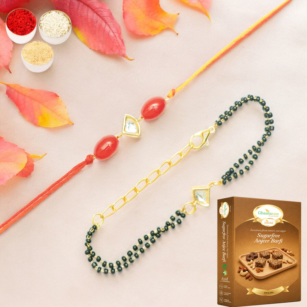 Rmj- 4512 Bhaiya Bhabhi Rakhis with 200 gms of Sugarfree Anjeer Barfi