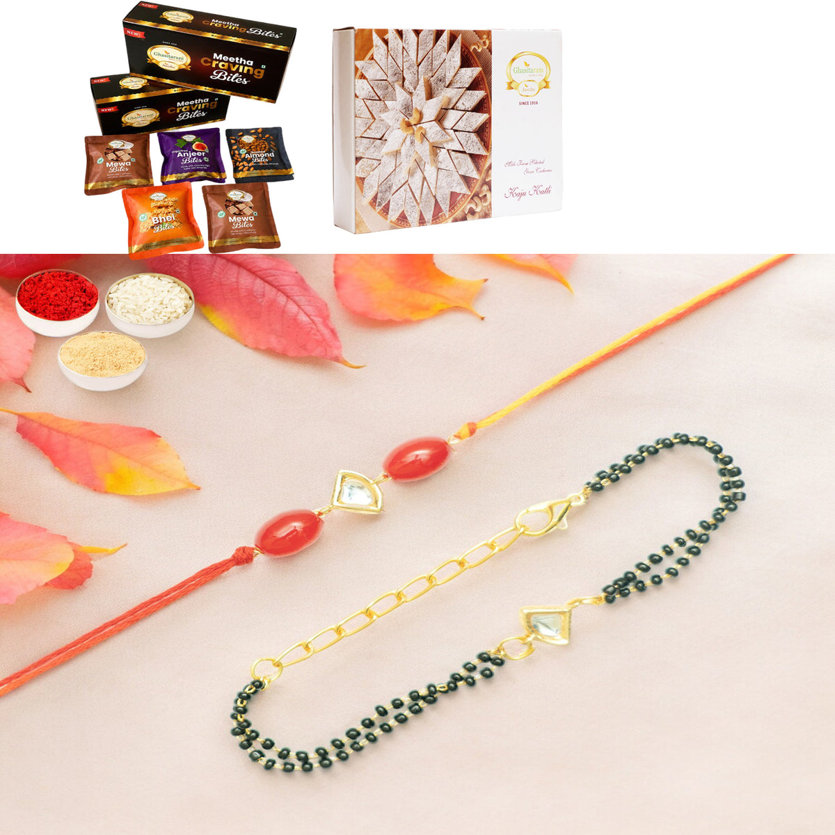 Rmj- 4512 Bhaiya Bhabhi Rakhis with Asorted bites box and 200 gms of Kaju katli