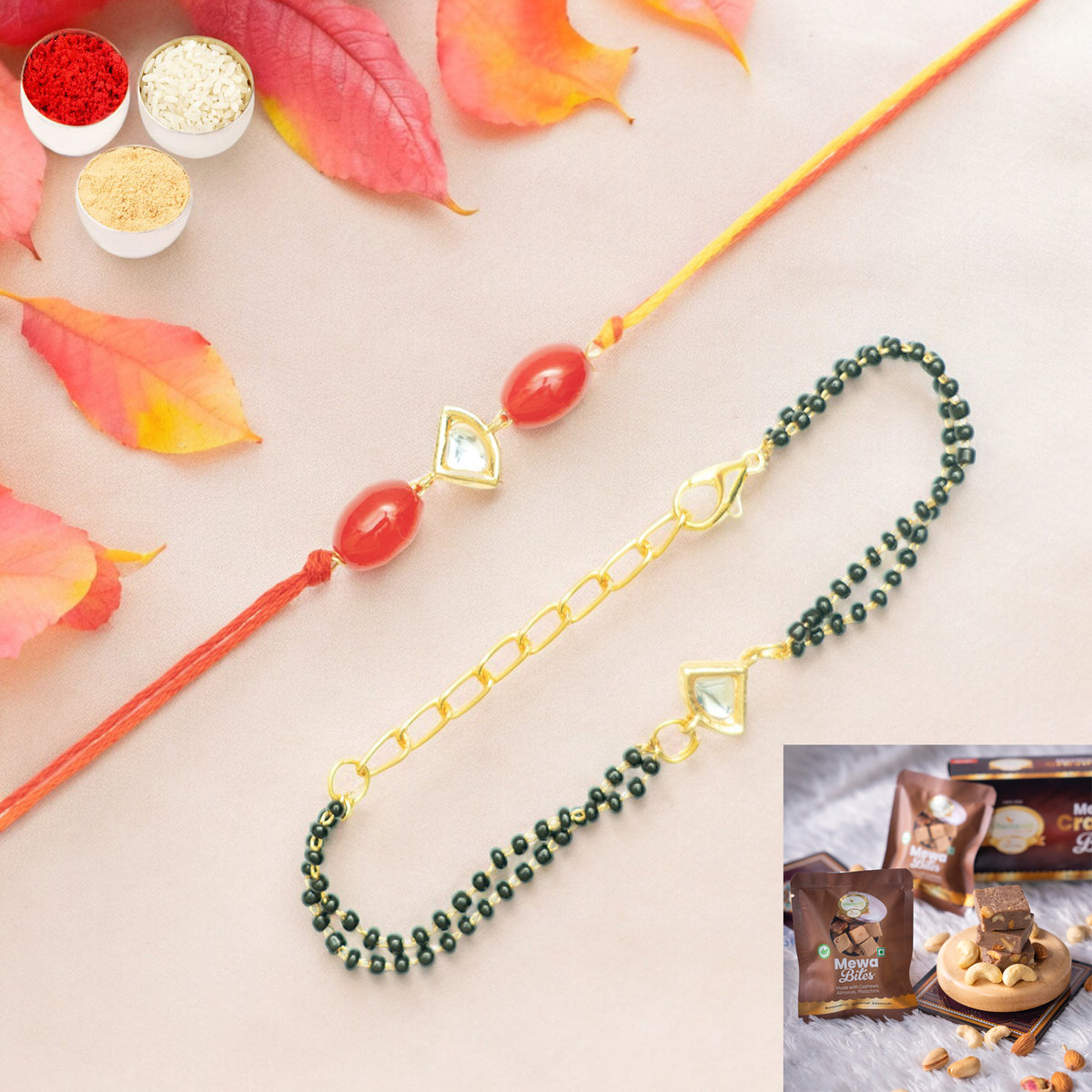 Rakhis Online UK- Rmj- 4512 Bhaiya Bhabhi Rakhis with Mewa Bite Box