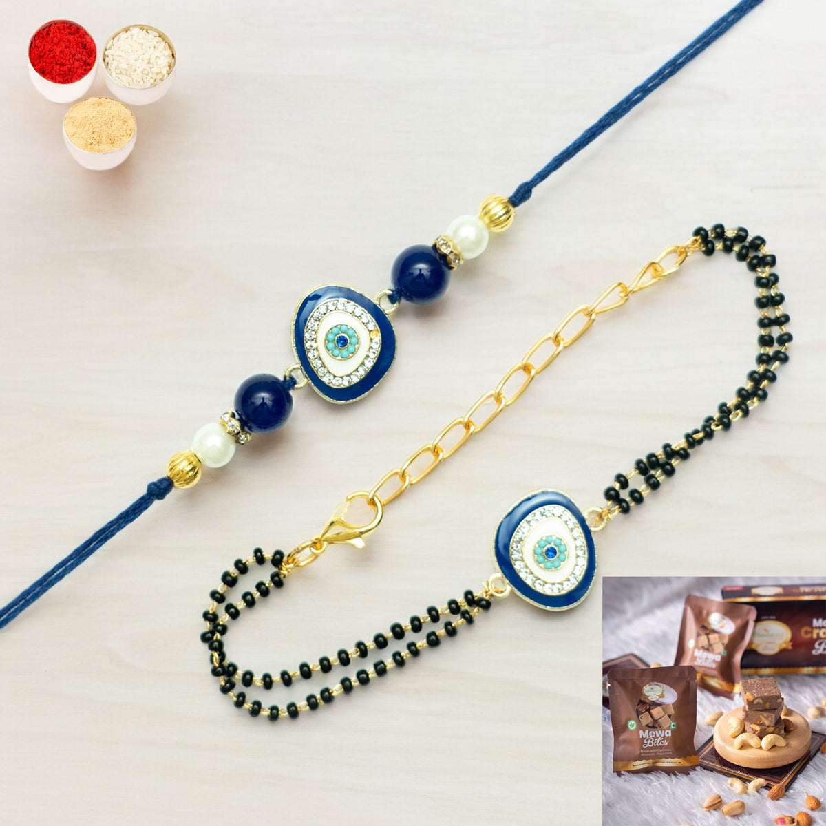 Rakhis Online Australia-Rmj- 5012 Bhaiya Bhabhi Rakhis with Mewa Bite Box
