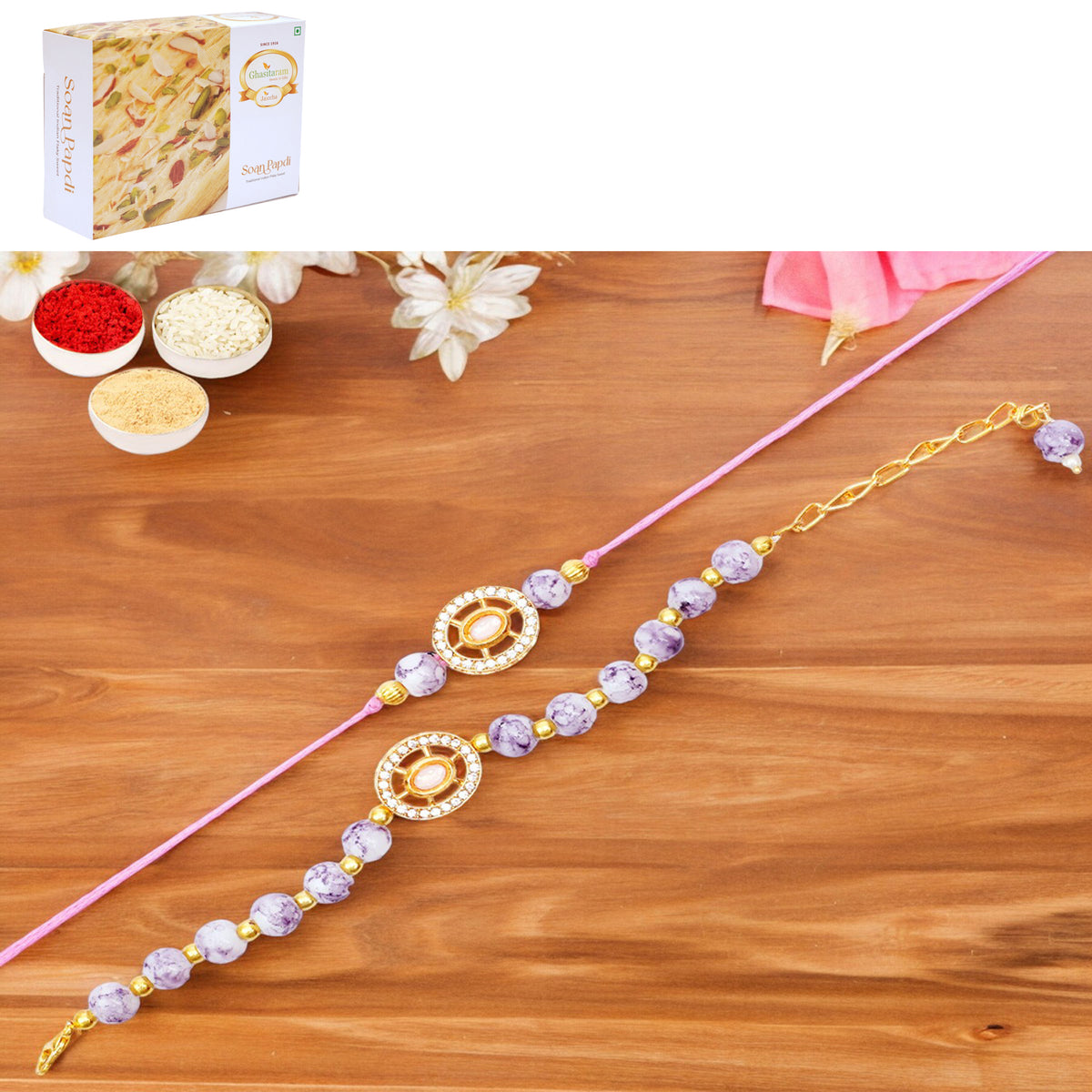 Rakhis Online Australia-Rmj-6012 Bhaiya Bhabhi Rakhis with 200 gms of Soan Papdi