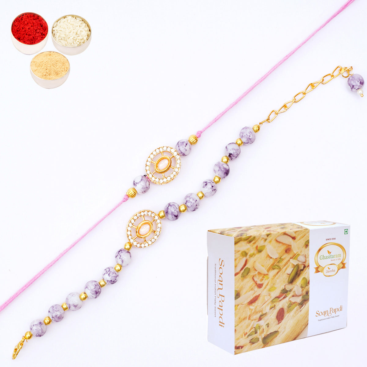 Rakhis Online USA-Rmj-6012 Bhaiya Bhabhi Rakhis with 200 gms of Soan Papdi