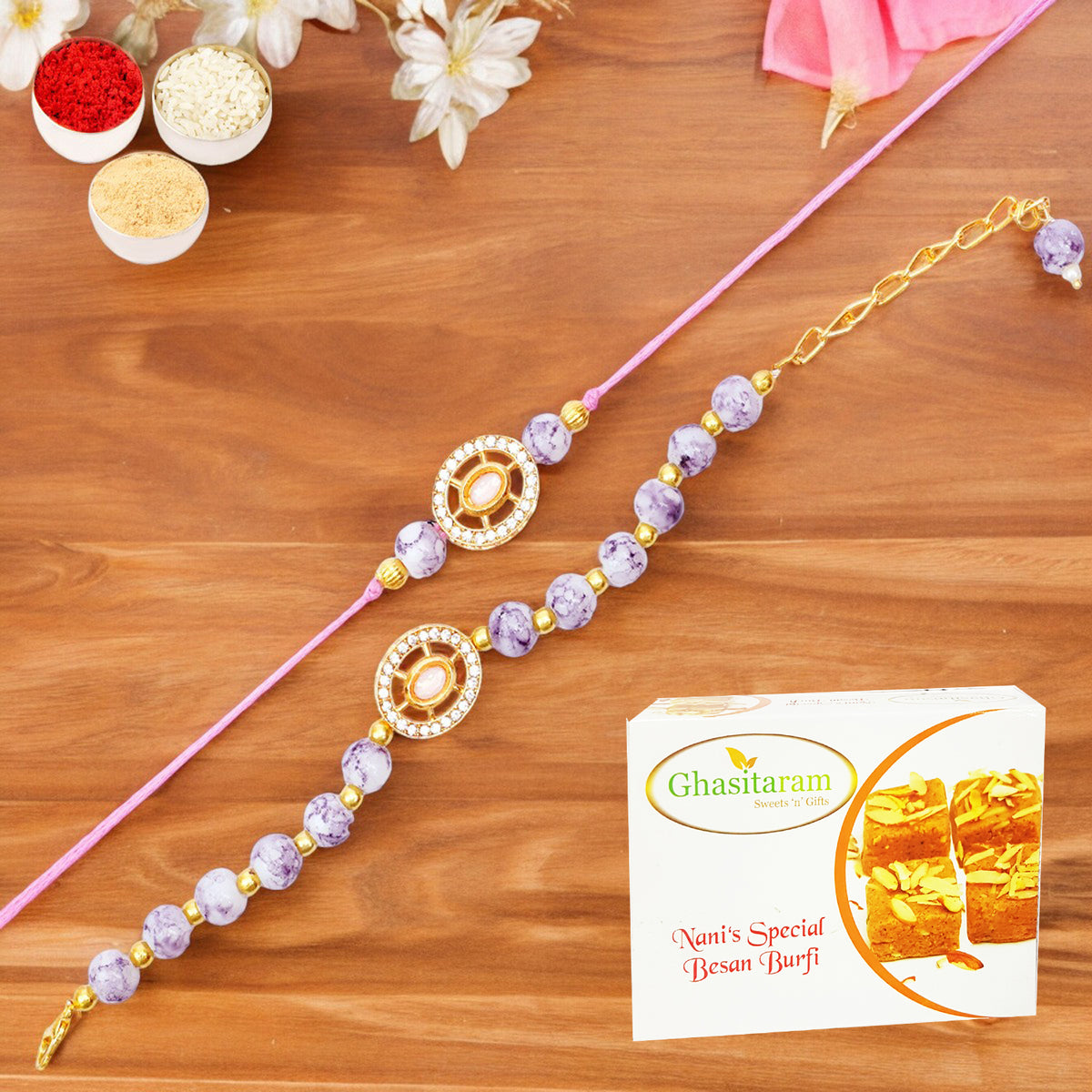 Rakhis Online UK- Rmj-6012 Bhaiya Bhabhi Rakhis with 200 gms of Besan Barfi