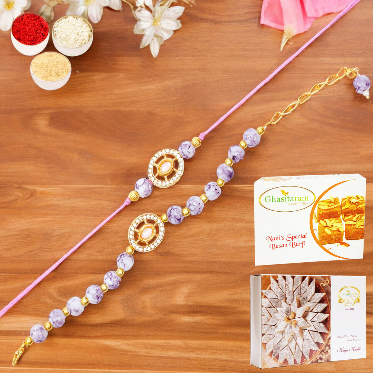 Rmj-6012 Bhaiya Bhabhi Rakhis with 200 gms of Besan Barfi and 200 gms of Kaju Katli