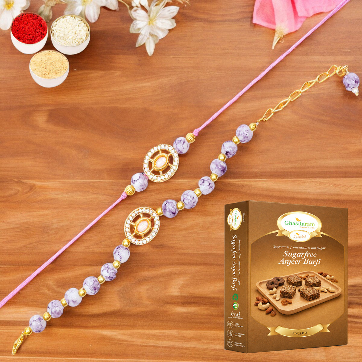 Rmj-6012 Bhaiya Bhabhi Rakhis with 200 gms of Sugarfree Anjeer Barfi