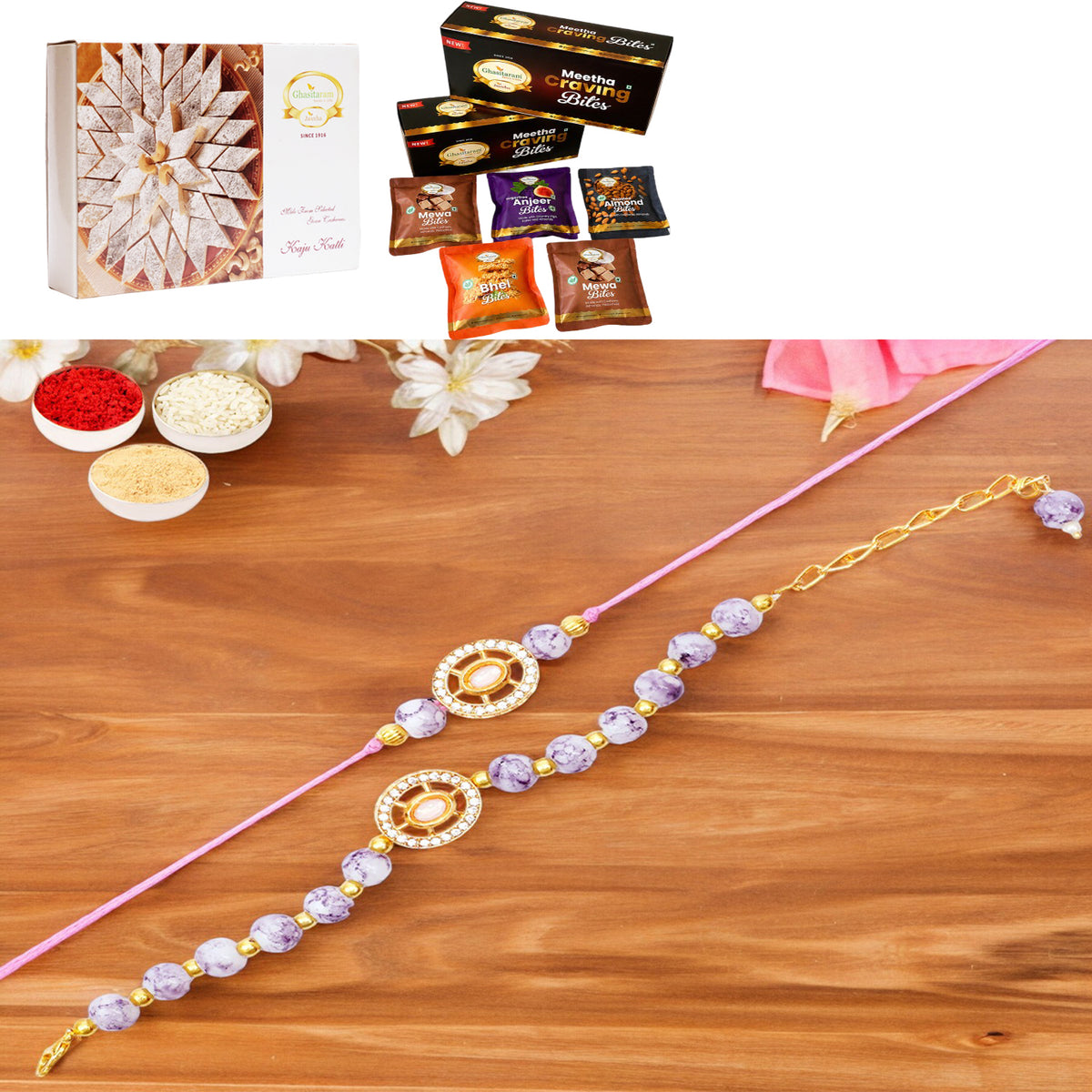 Rmj-6012 Bhaiya Bhabhi Rakhis with Asorted bites box and 200 gms of Kaju katli