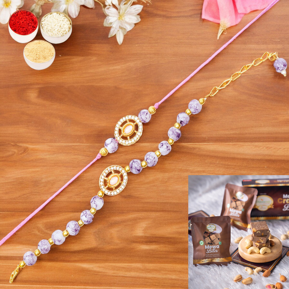 Rakhis Online UK- Rmj-6012 Bhaiya Bhabhi Rakhis with Mewa Bite Box