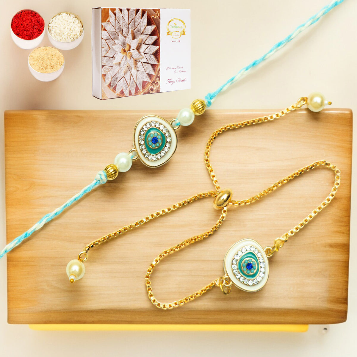 Rakhis Online USA-Rmj-6512 Bhaiya Bhabhi Rakhis with 200 gms of Kaju katli