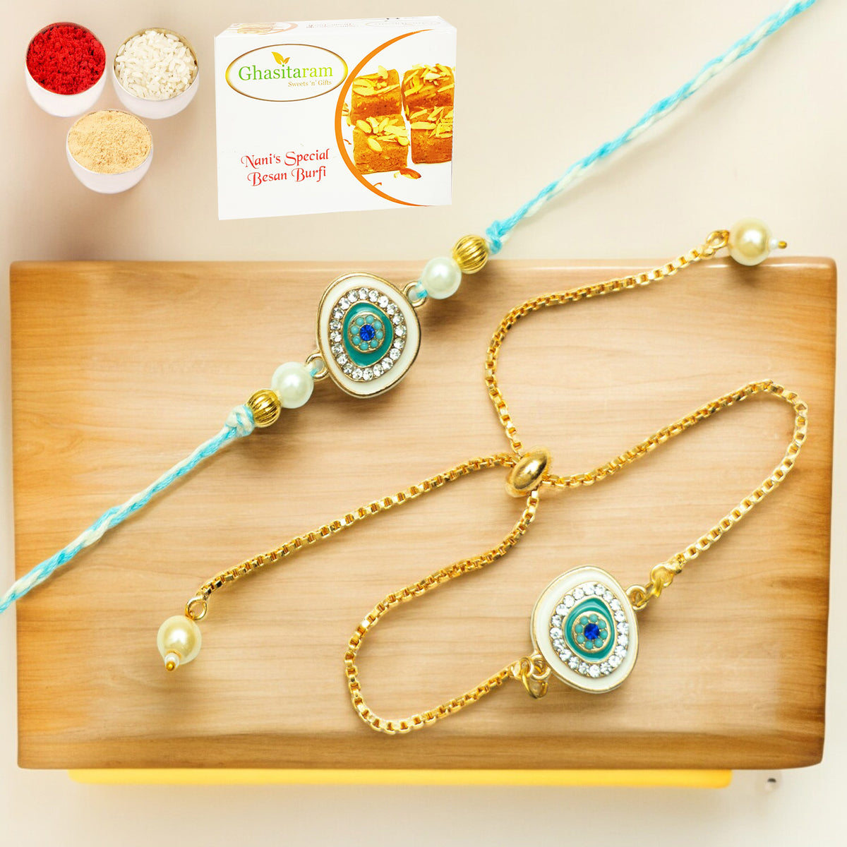 Rakhis Online UK- Rmj-6512 Bhaiya Bhabhi Rakhis with 200 gms of Besan Barfi