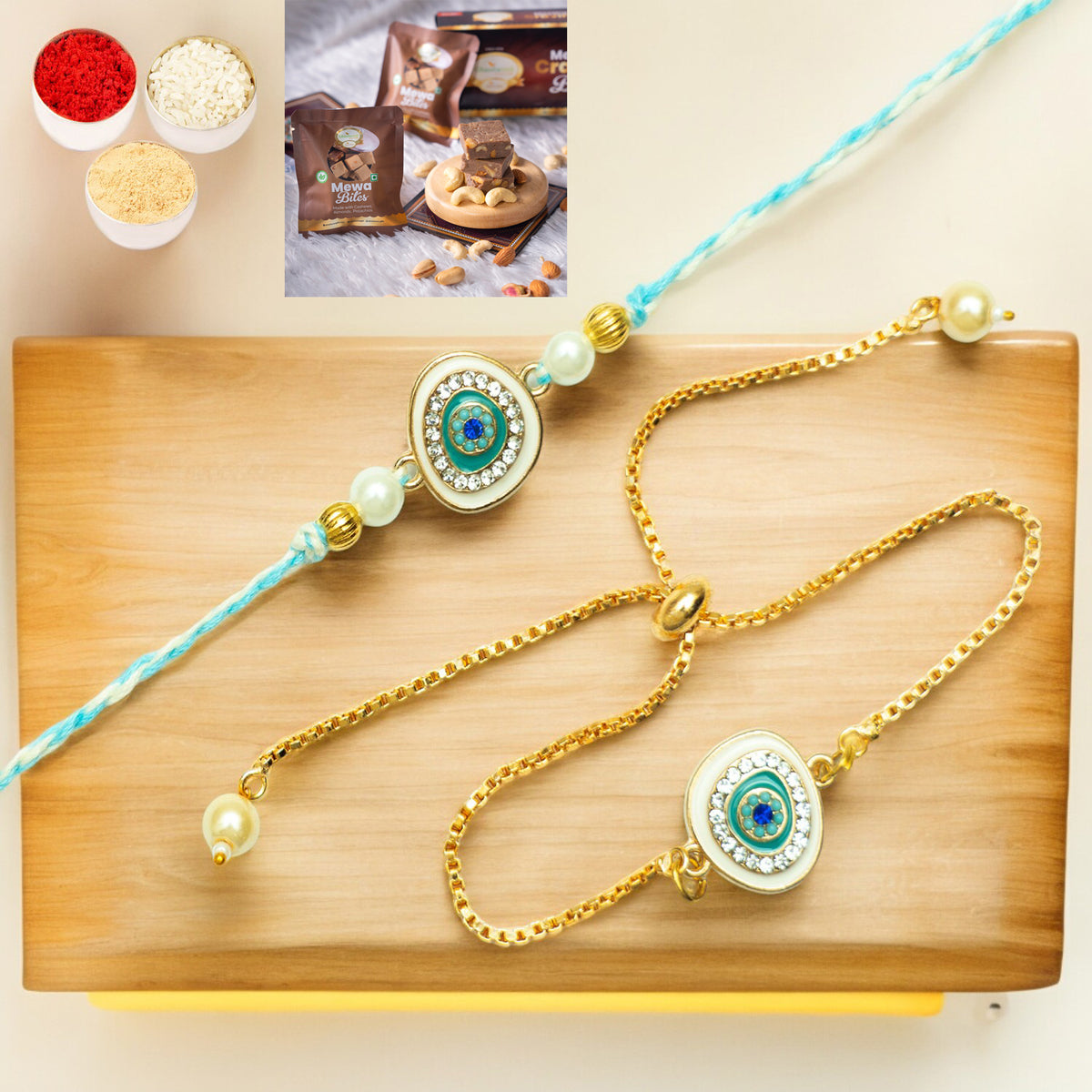 Rakhis Online USA-Rmj-6512 Bhaiya Bhabhi Rakhis with Mewa Bite Box