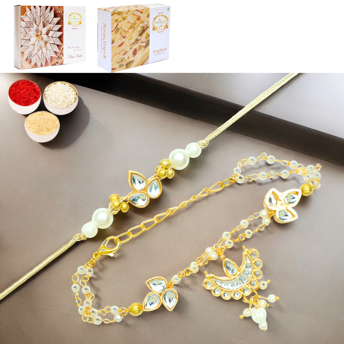 Rmj-8512 Bhaiya Bhabhi Rakhi with 200 gms of Kaju katli and 200 gms of Soan Papdi